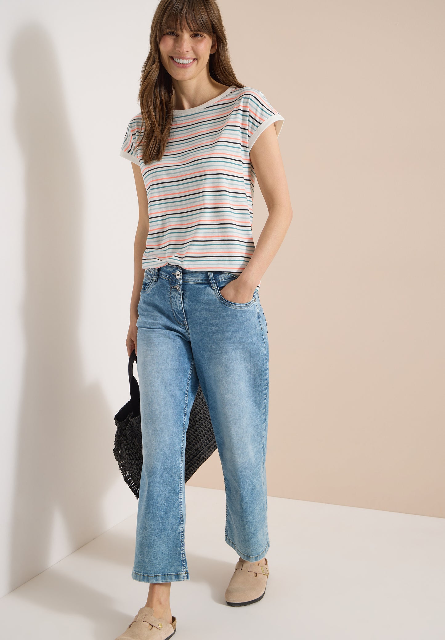 CECIL - T-Shirt mit Boat Neck und Turn-Up-Detail - Farbe: vanilla white