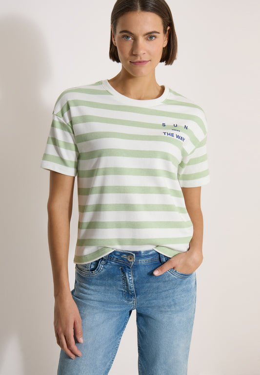 CECIL - Halbarm Shirt mit Streifen und Wording-Detail - Farbe: raw matcha lime