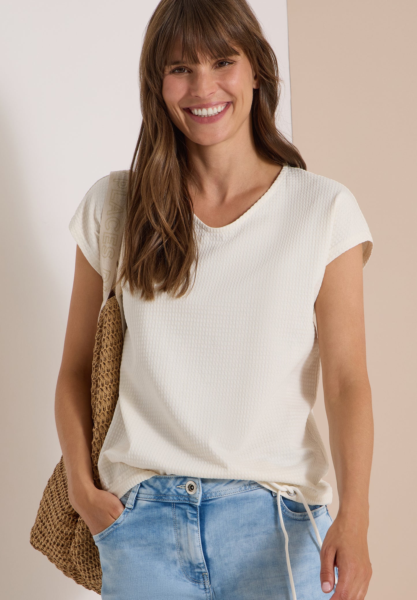 CECIL - T-Shirt mit Waffel-Struktur - Farbe: vanilla white