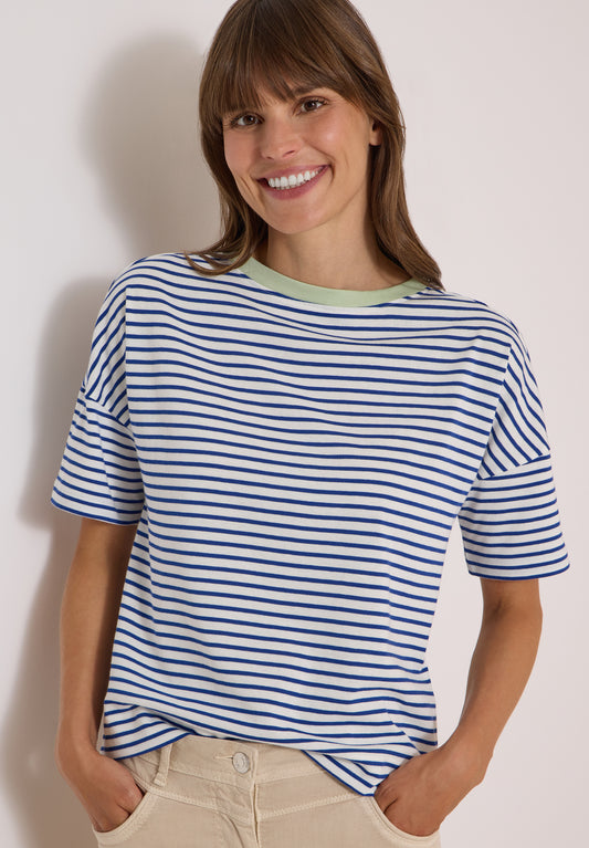 CECIL - T-Shirt mit Streifen und Kontrastdetail - Farbe: deep river blue