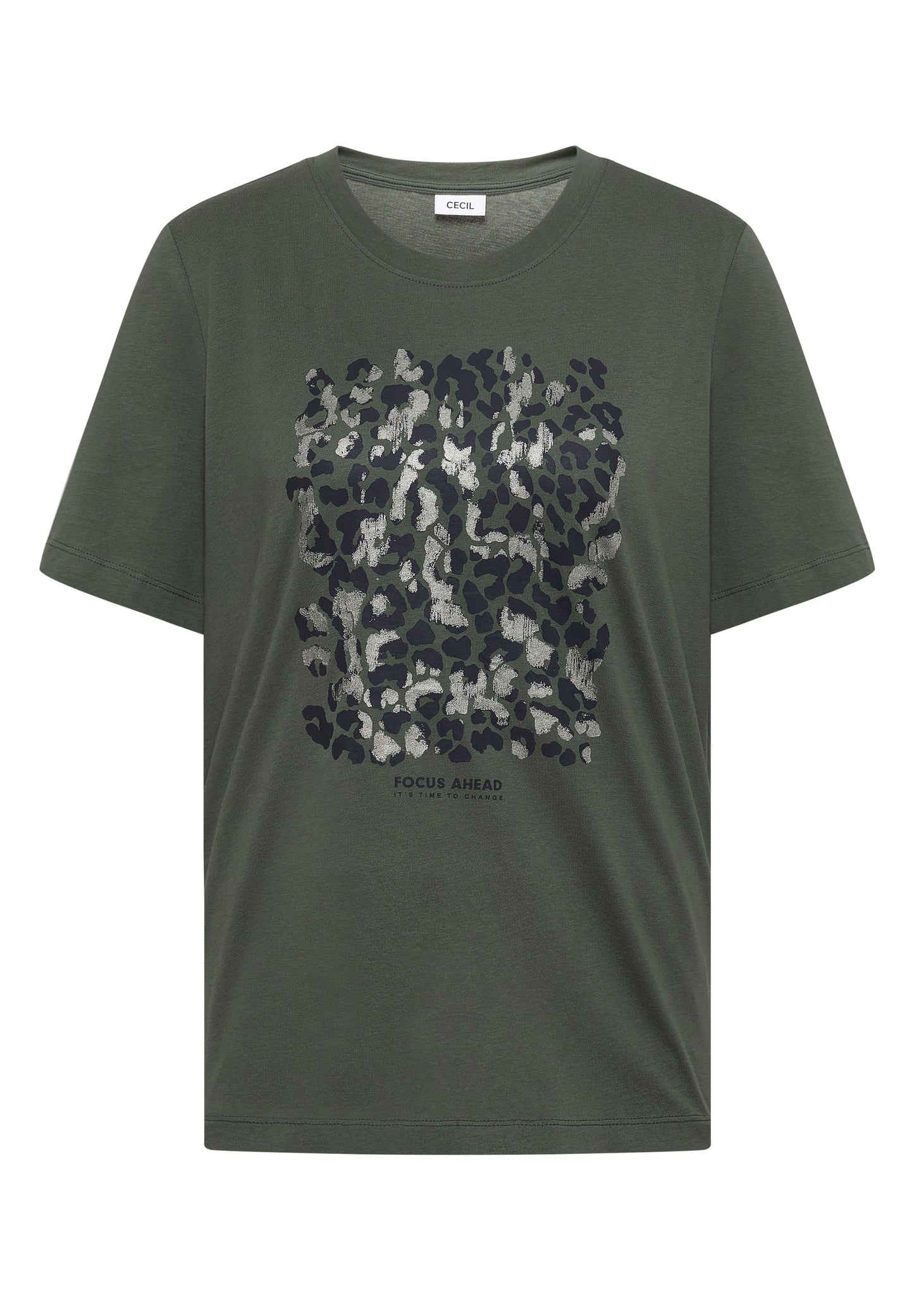 CECIL - T-Shirt mit Leo-Print und Foliendetails - Farbe: dried olive green