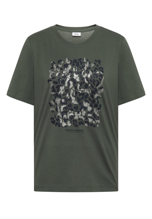 CECIL - T-Shirt mit Leo-Print und Foliendetails - Farbe: dried olive green