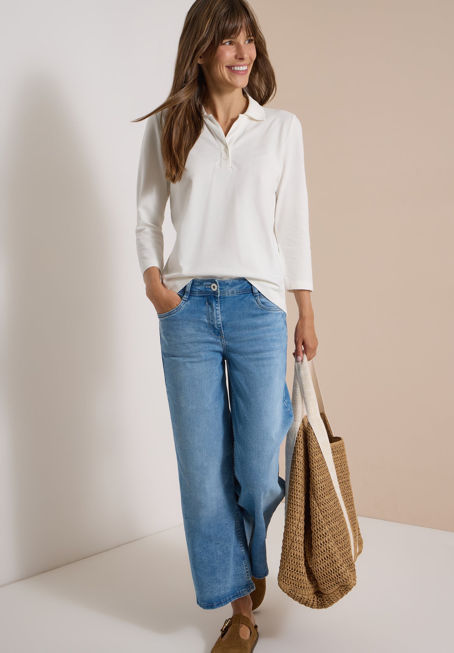 CECIL - 3/4-Arm Poloshirt mit Knopfdetail - Farbe: vanilla white