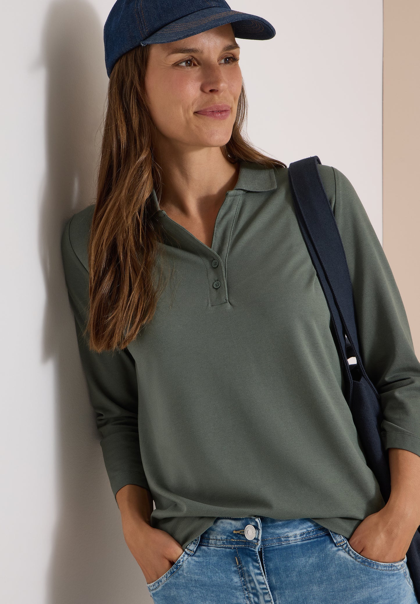CECIL - 3/4-Arm Poloshirt mit Knopfdetail - Farbe: dried olive green
