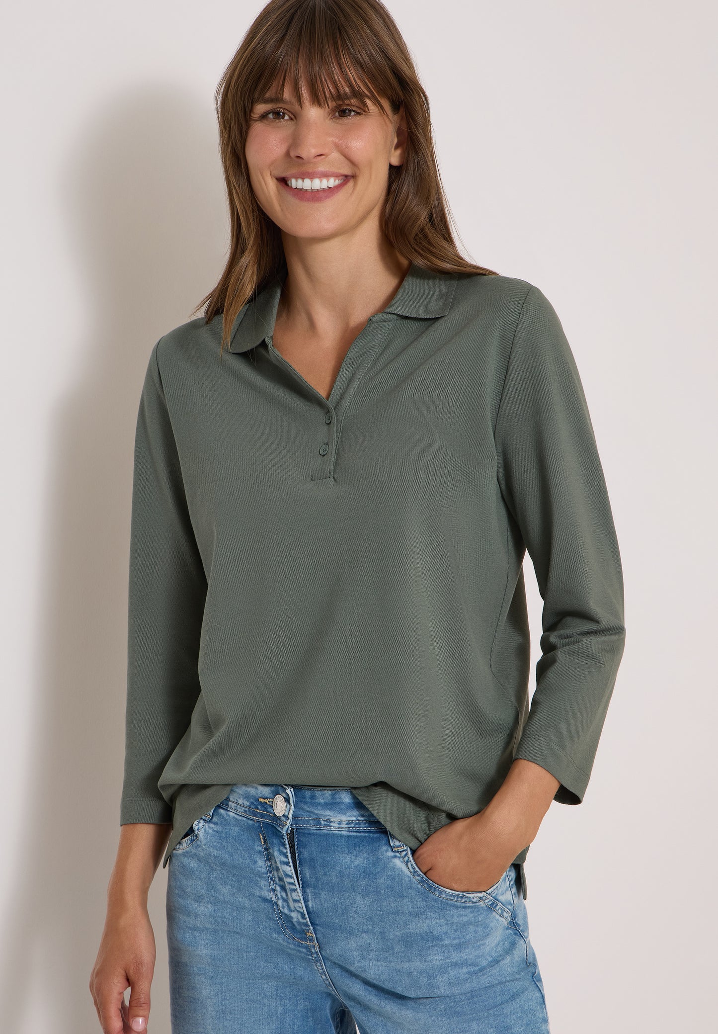 CECIL - 3/4-Arm Poloshirt mit Knopfdetail - Farbe: dried olive green