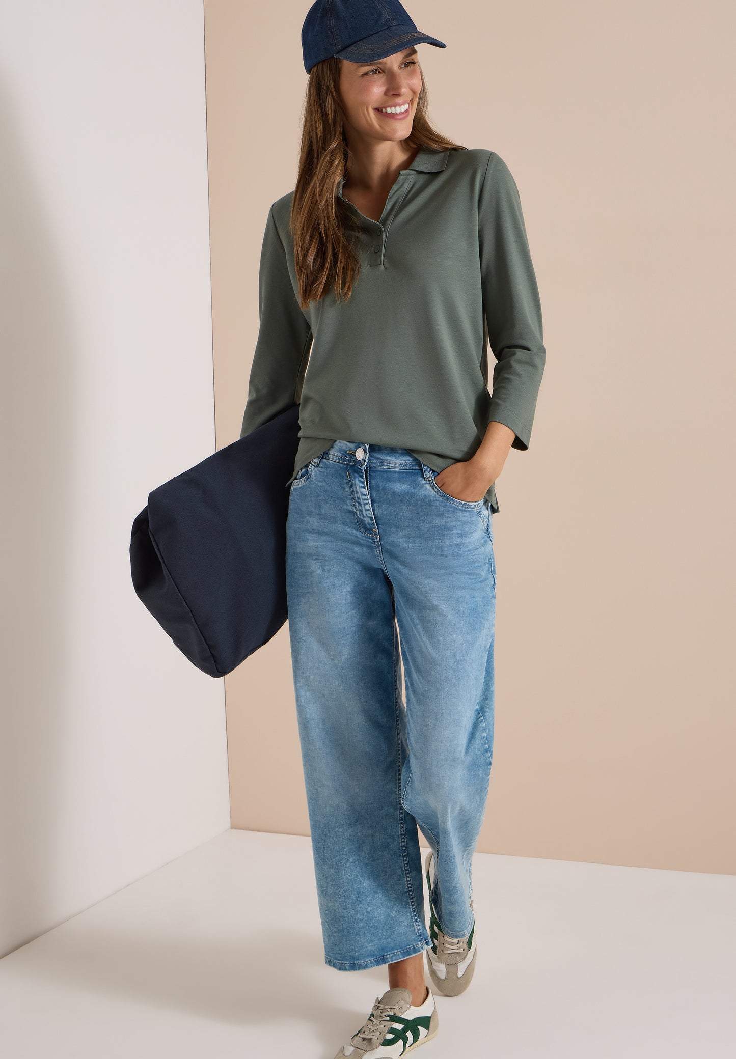 CECIL - 3/4-Arm Poloshirt mit Knopfdetail - Farbe: dried olive green