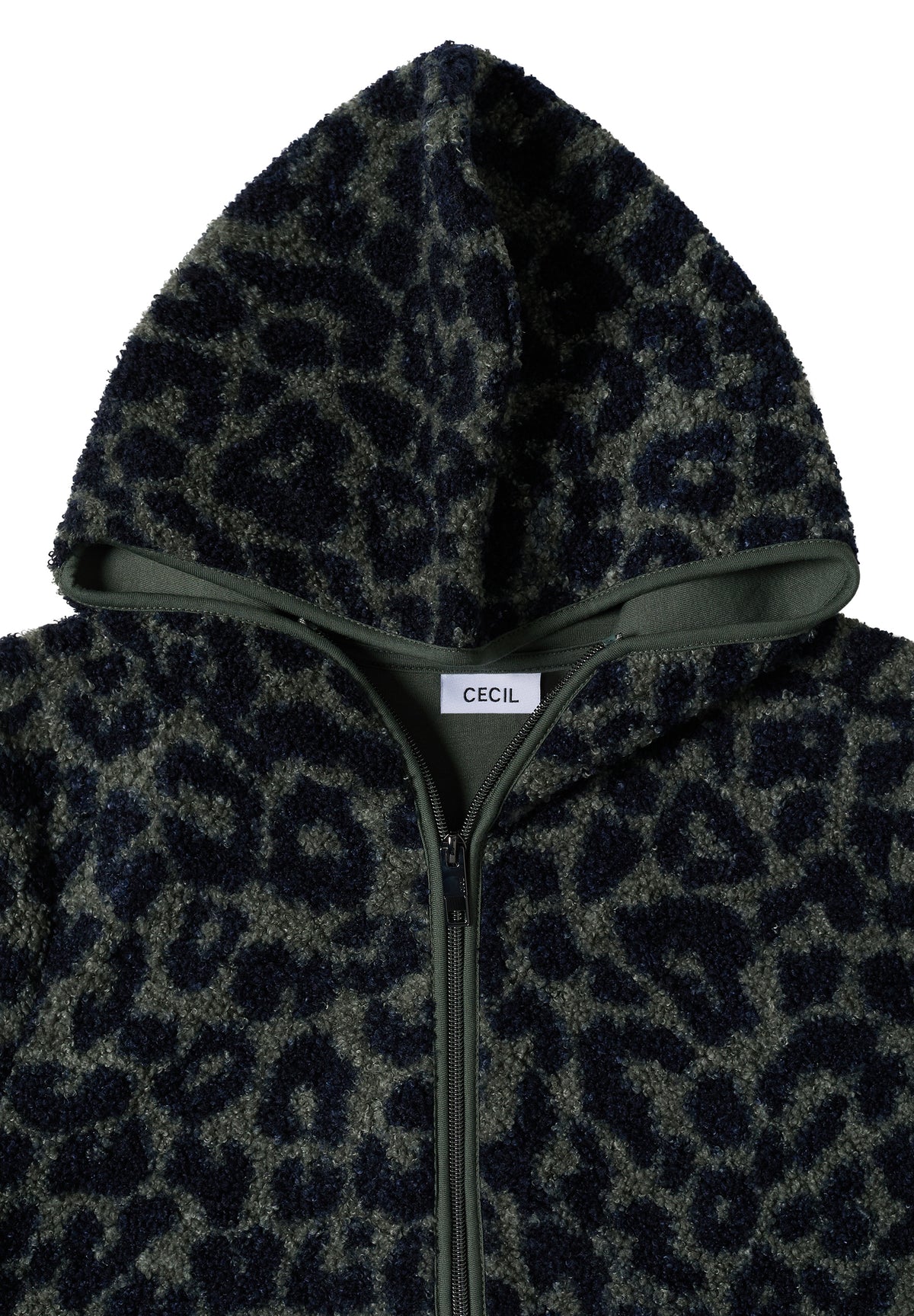 CECIL - Teddy-Jacke mit Kapuze und Leo-Muster - Farbe: dried olive green