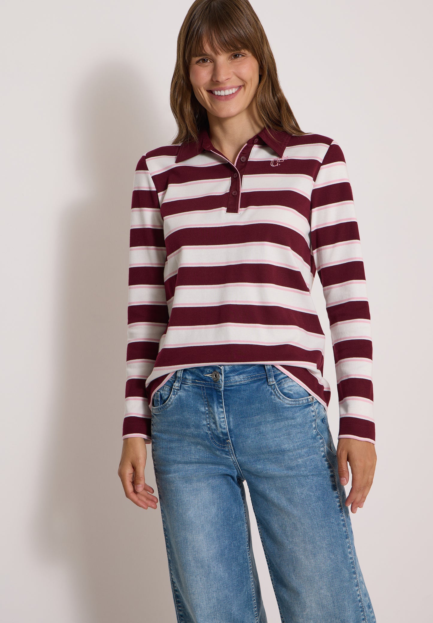 CECIL - Langarm Poloshirt mit Knöpfen - Farbe: red wine