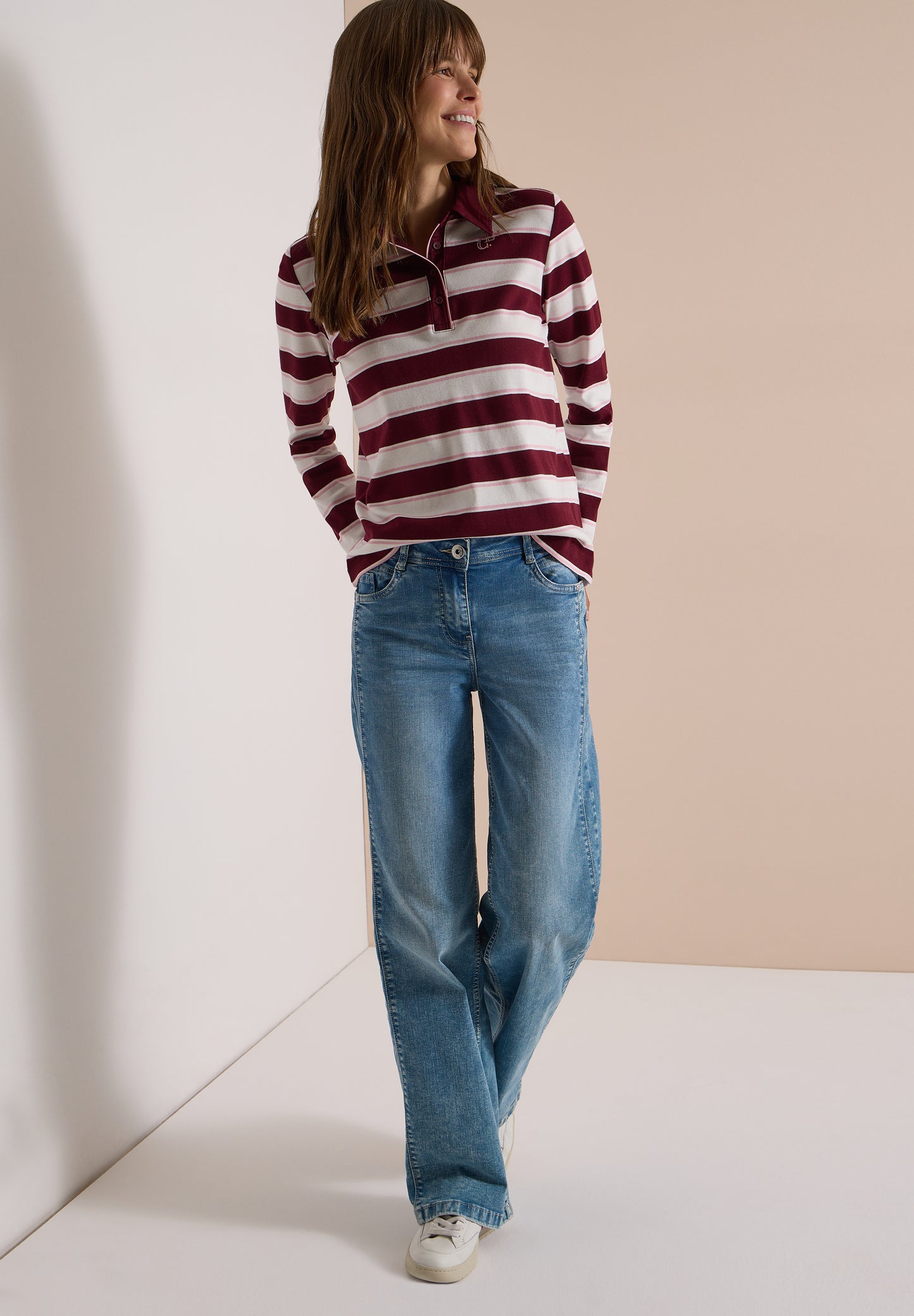 CECIL - Langarm Poloshirt mit Knöpfen - Farbe: red wine