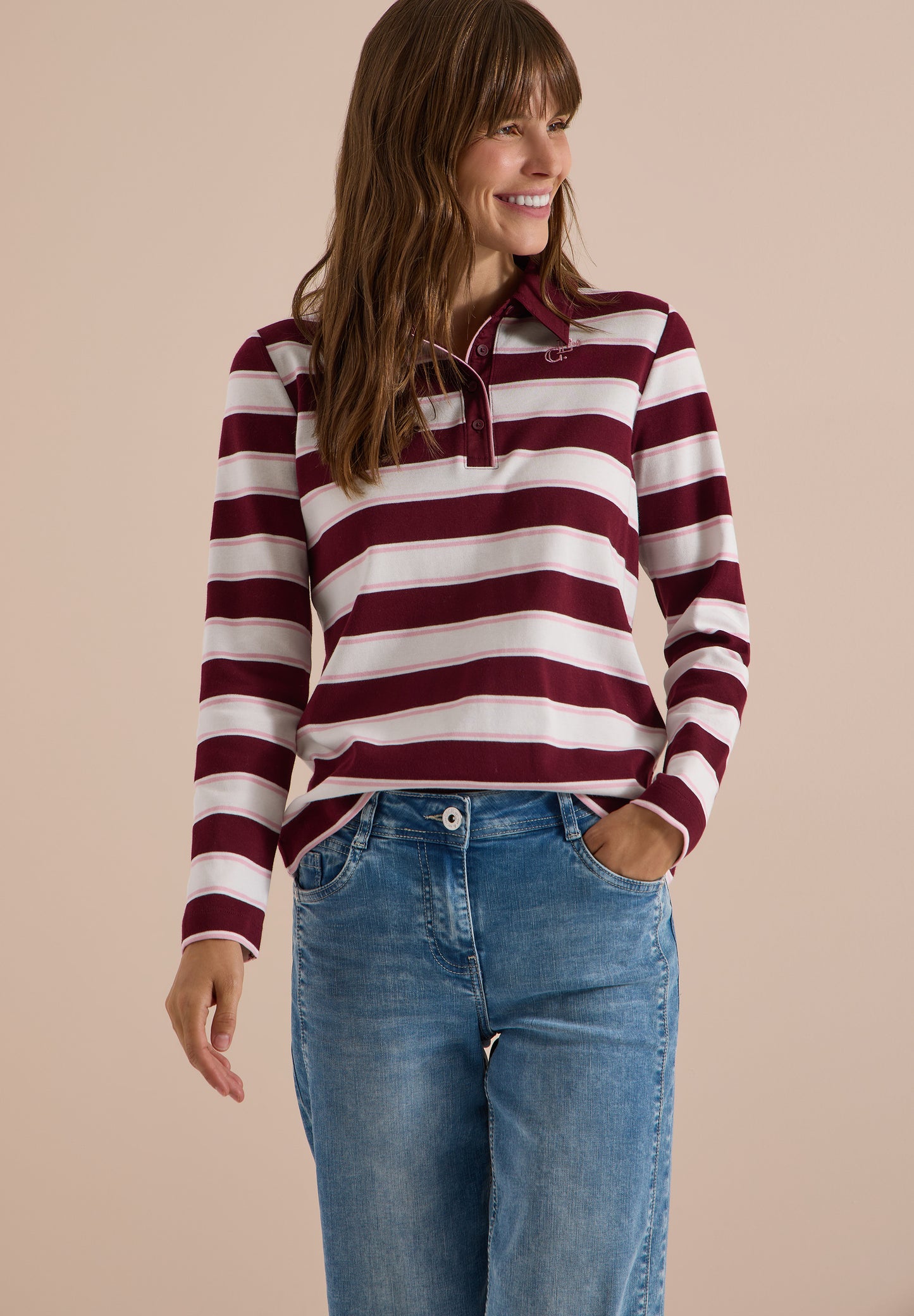CECIL - Langarm Poloshirt mit Knöpfen - Farbe: red wine