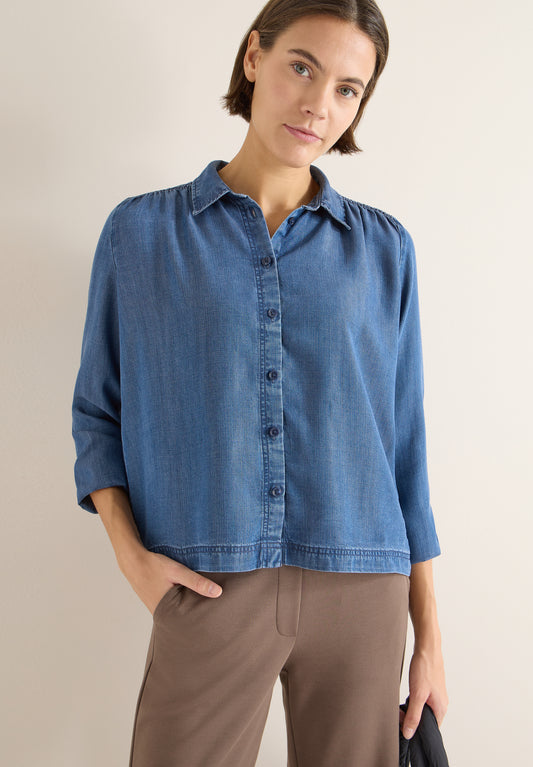 CECIL - Lyocellbluse mit Smockdetail - Farbe: mid blue wash