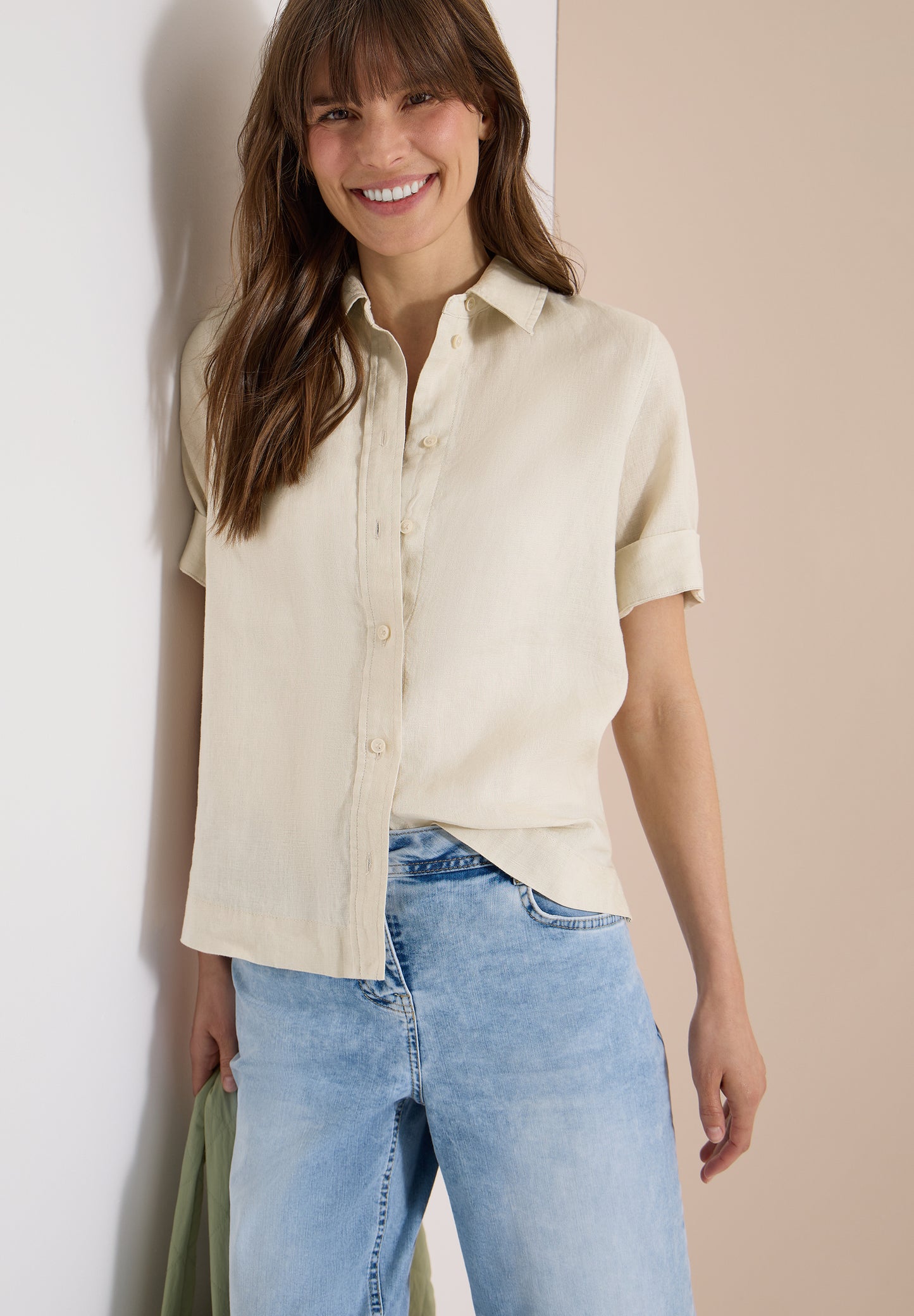 CECIL - Kurzarm Hemdbluse aus reinem Leinen - Farbe: macadamia beige