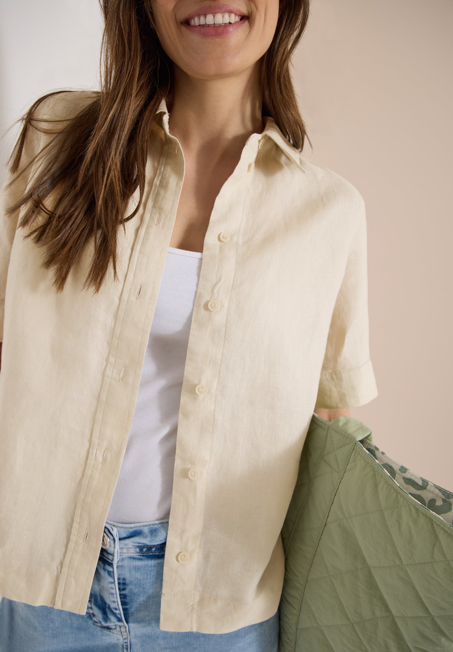 CECIL - Kurzarm Hemdbluse aus reinem Leinen - Farbe: macadamia beige