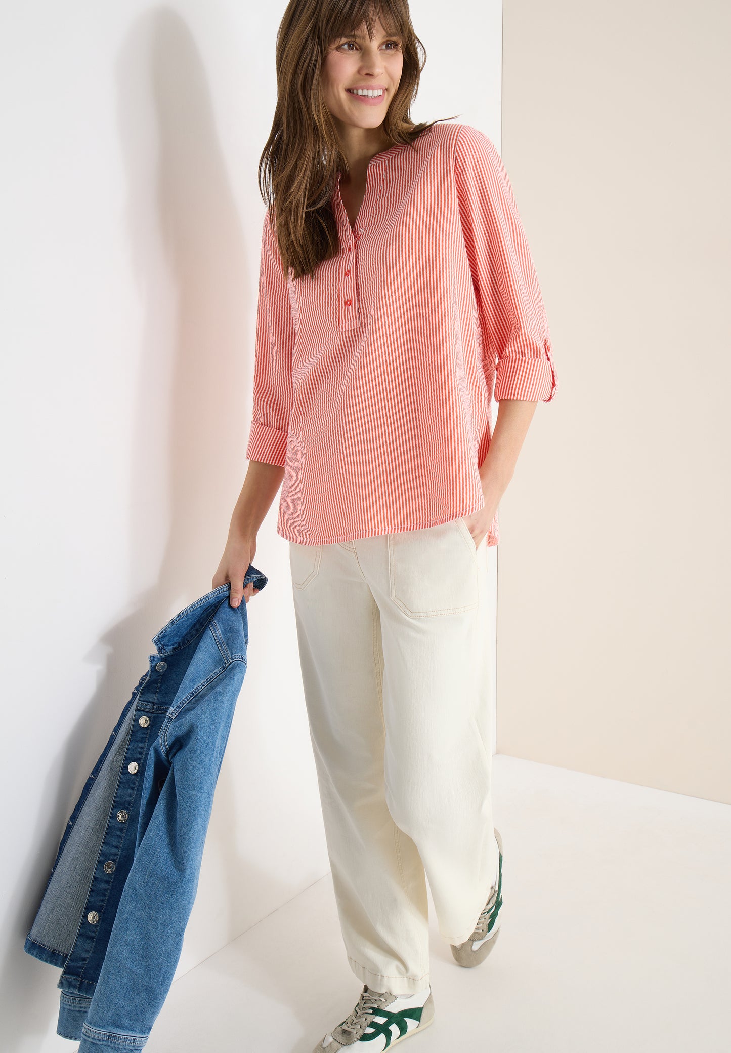CECIL - Gestreifte Seersucker Bluse - Farbe: cherry tomato orange