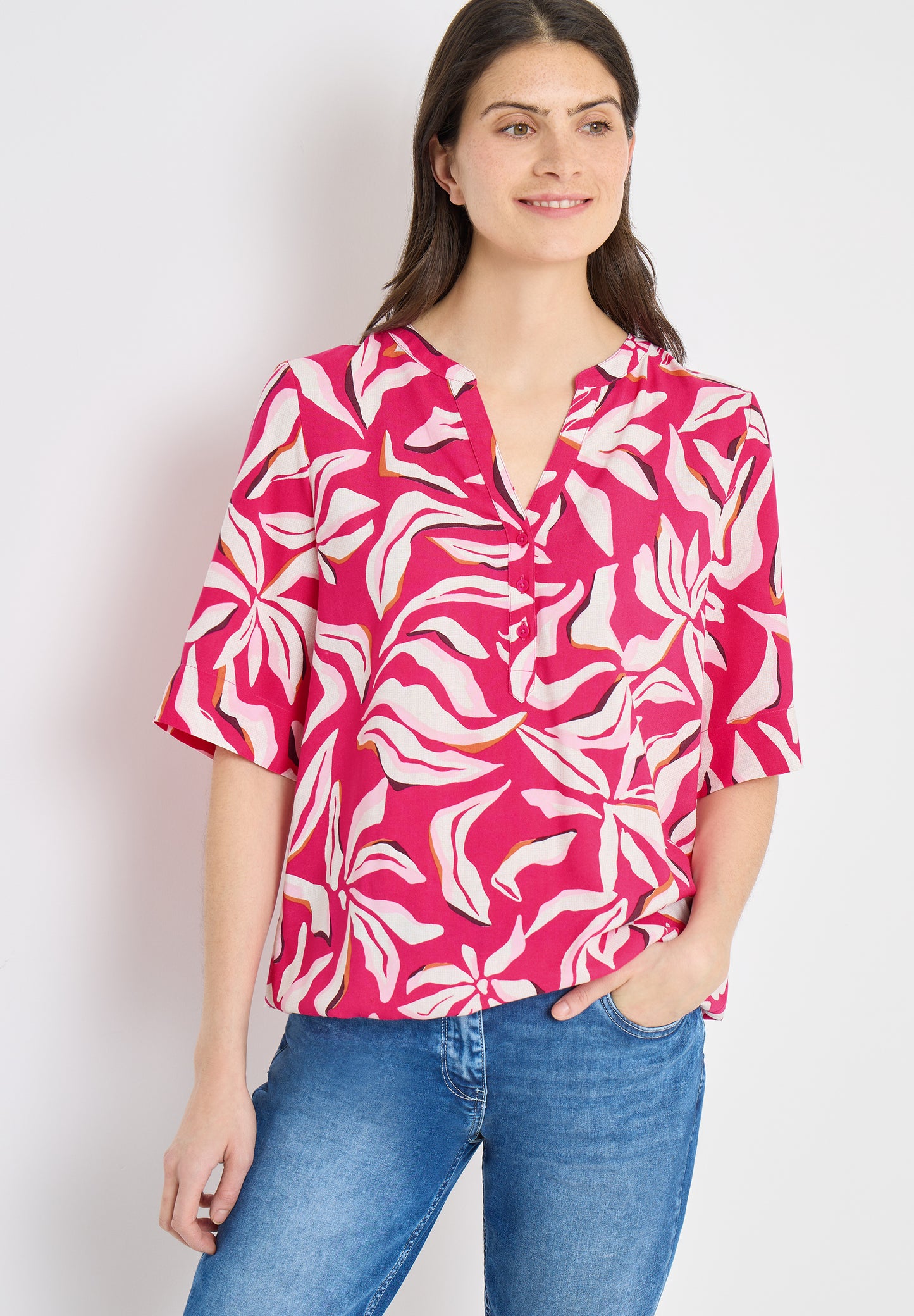 CECIL - Kurzarm Bluse mit floralem Muster - Farbe: beetroot pink