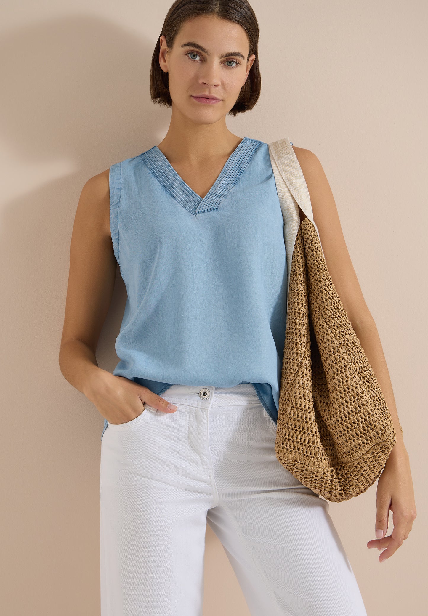 CECIL - Blusentop im Denim-Look mit V-Neck - Farbe: light blue used wash