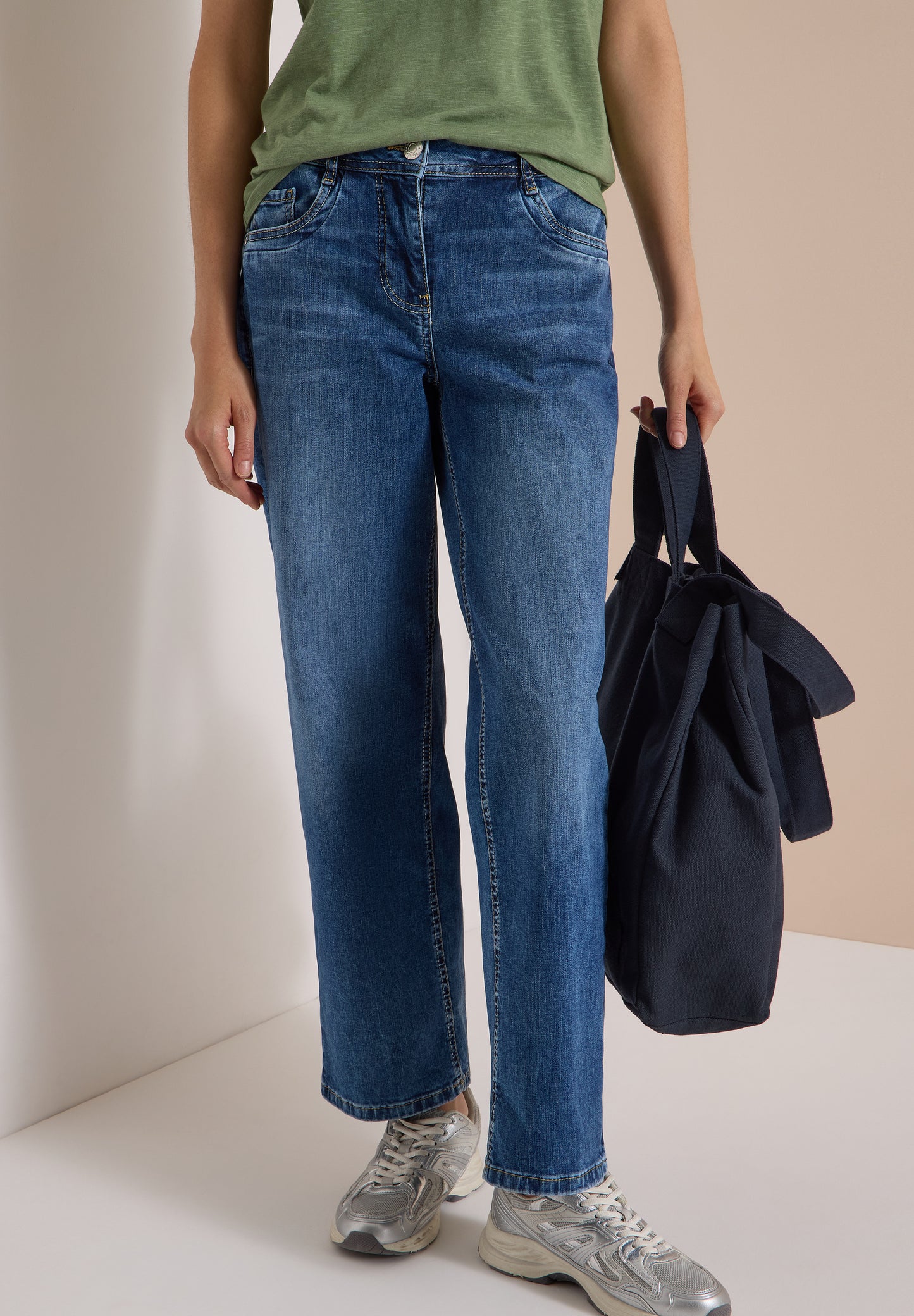 CECIL - Wide Leg Jeans mit Turn-Up im Leo-Look - "Neele" Farbe: mid blue wash