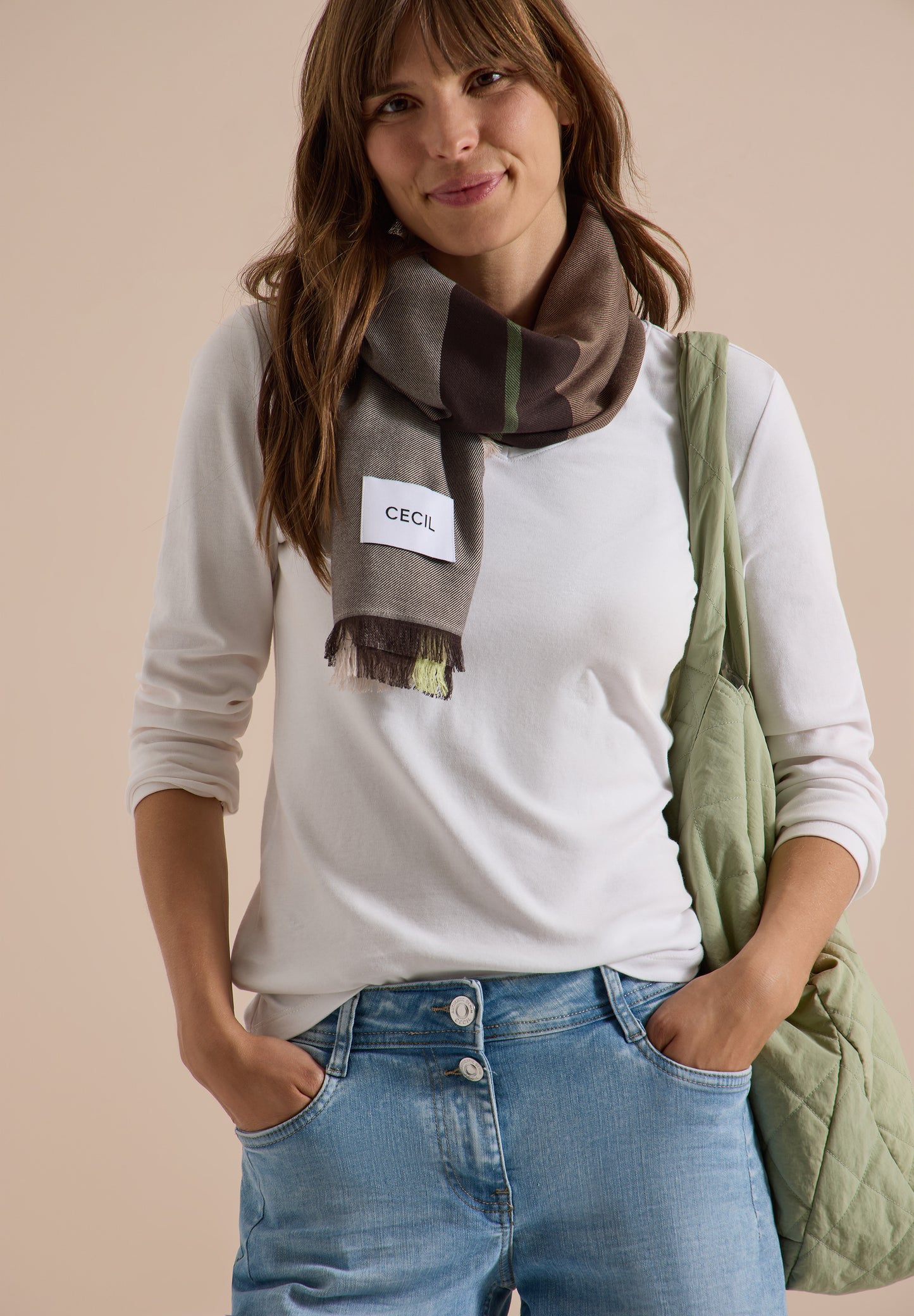 CECIL - Kariertes Tuch mit feinen Fransen - Farbe: dark toffee brown