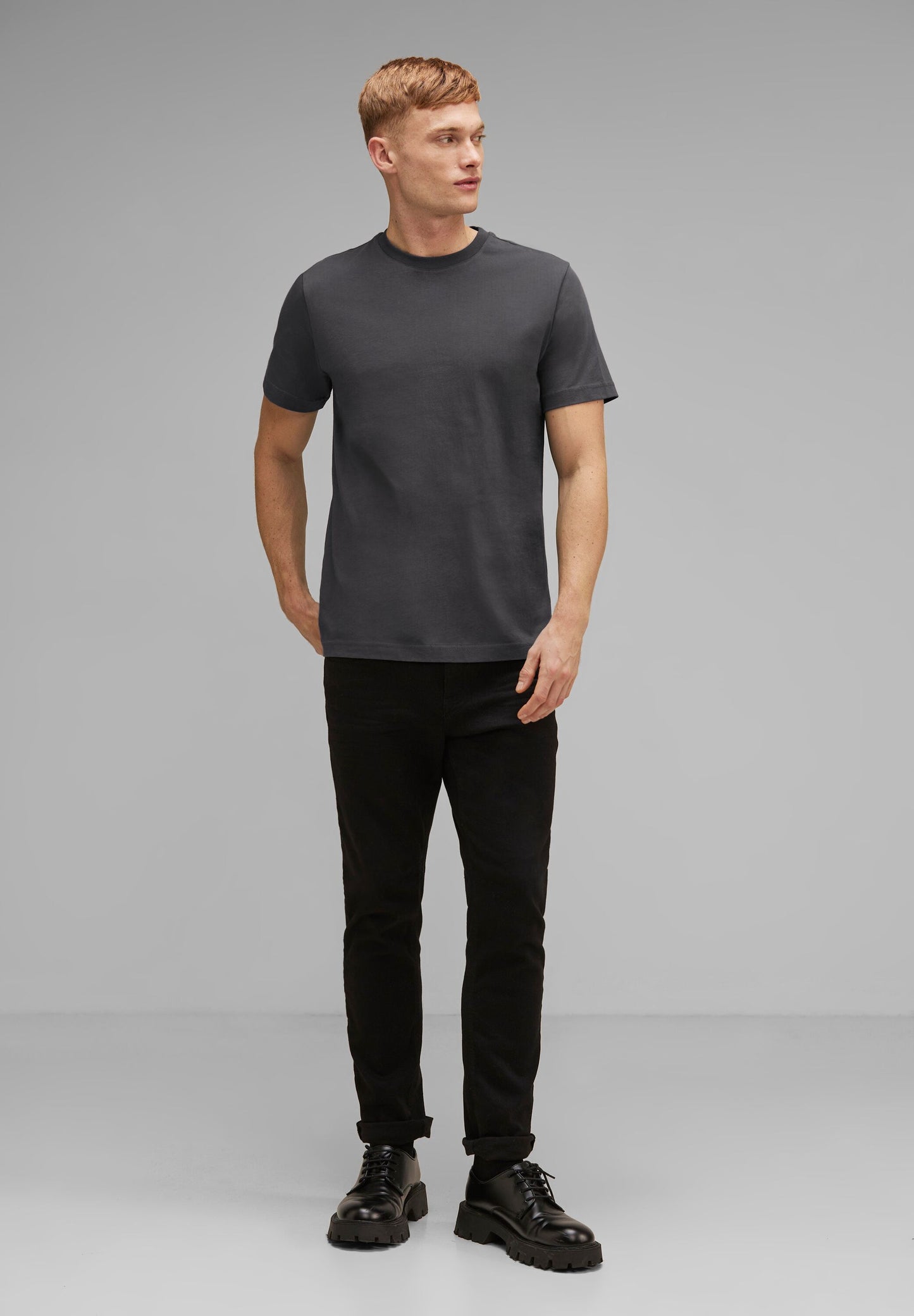 Street One MEN - Herren Basic T-Shirt in Unifarbe - dark iron grey