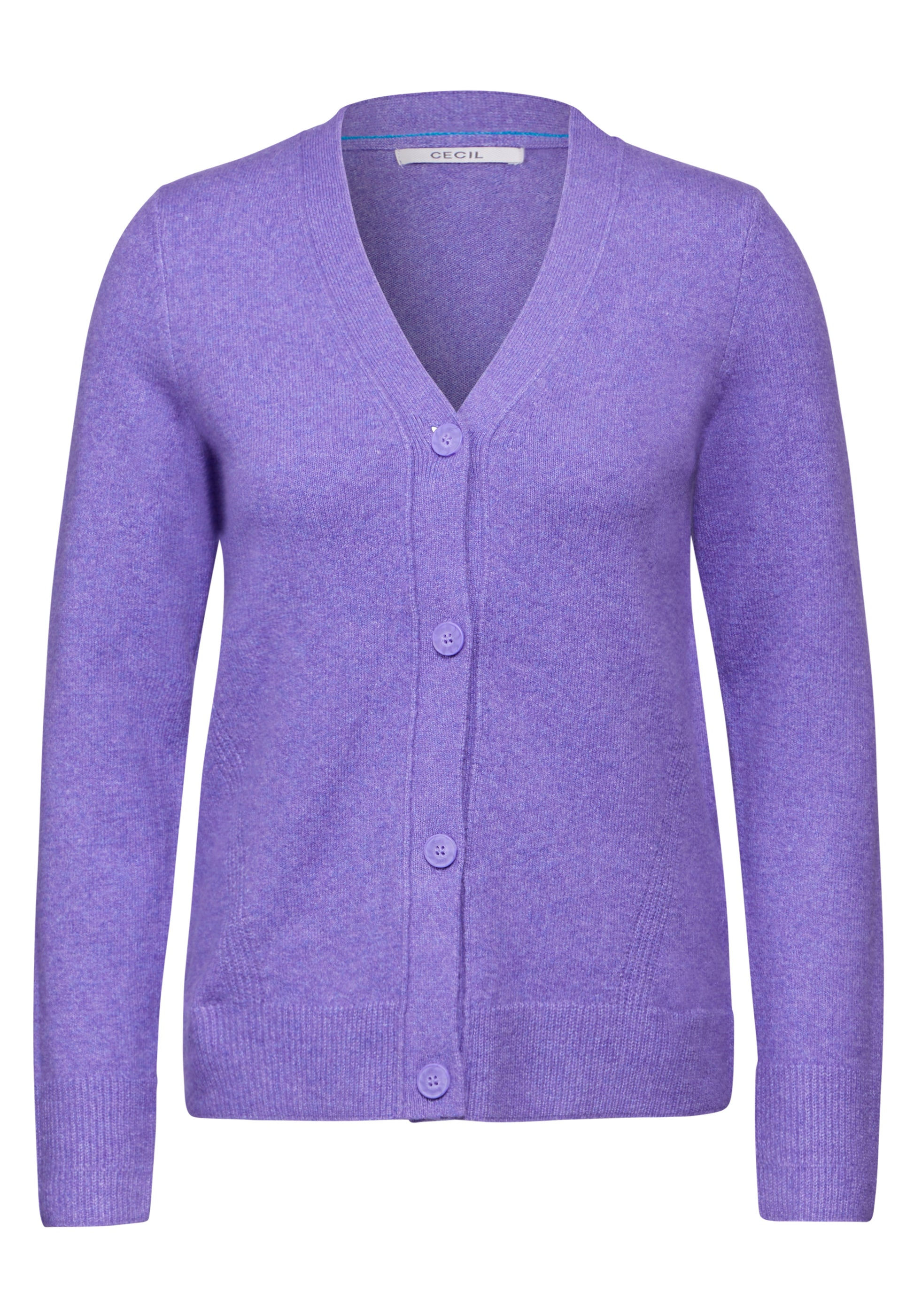 „CECIL Cardigan mit Knopfleiste in lilac melange (Art. Nr.: B25379915950) – bequeme Strickjacke für Damen mit V-Ausschnitt und langen Ärmeln.“


