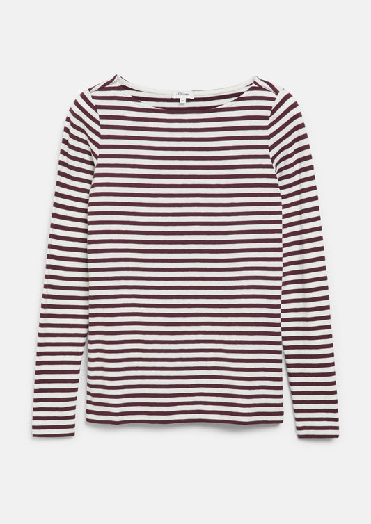 s.Oliver - Gestreiftes Langarmshirt aus Flammgarn mit U-Boot-Ausschnitt - Farbe: Bordeaux