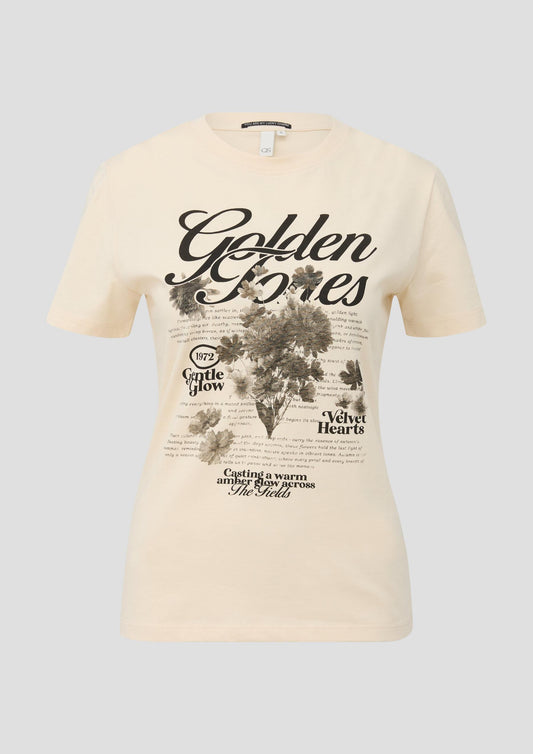 QS - Baumwollshirt mit Frontprint - Farbe: Helles Beige