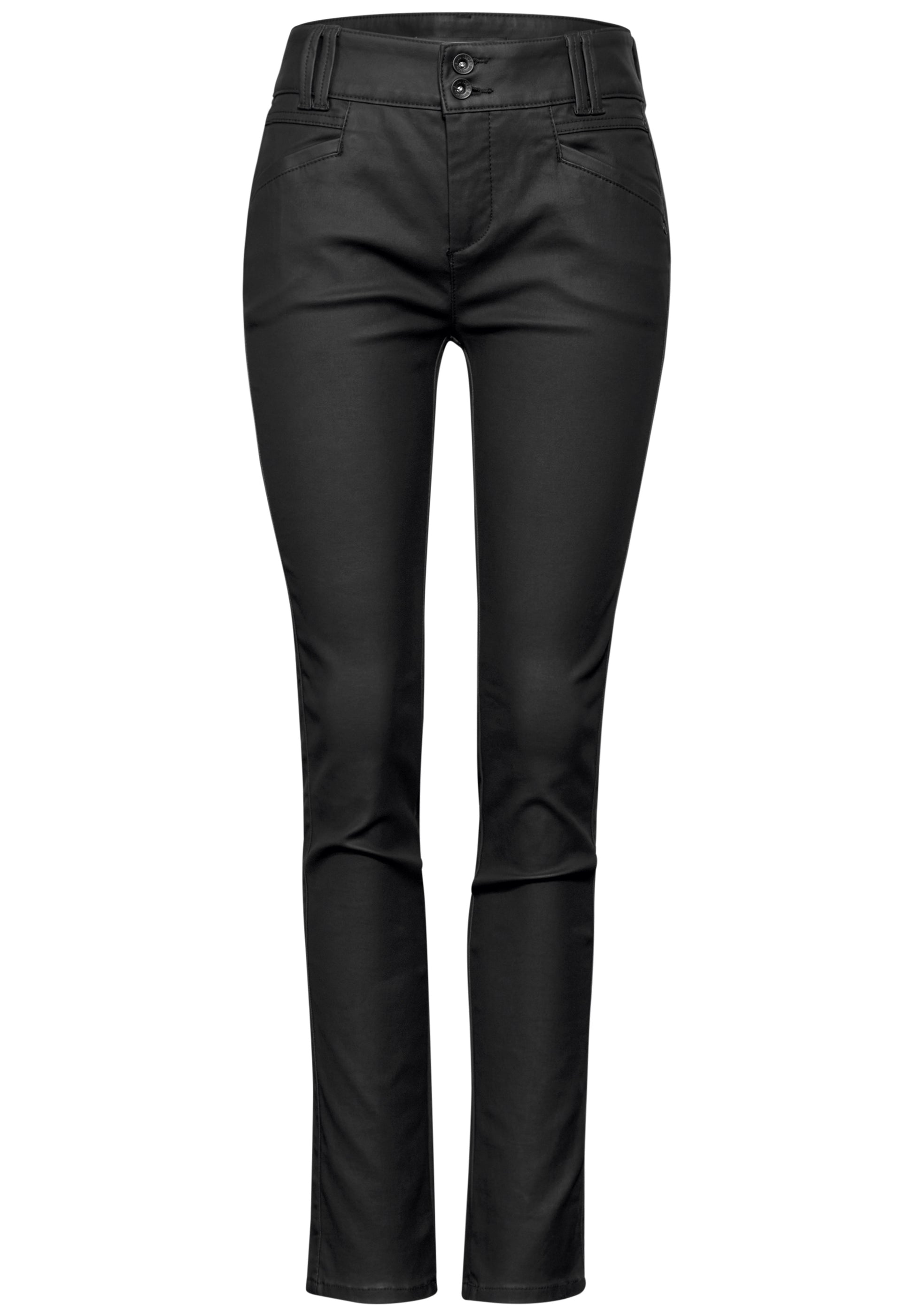 „Street One Damen Beschichtete Hose in Black (Art. Nr.: A37789710001, Style: York) – modische Hose in Leder-Optik mit Mid Waist und Slim Fit.“

