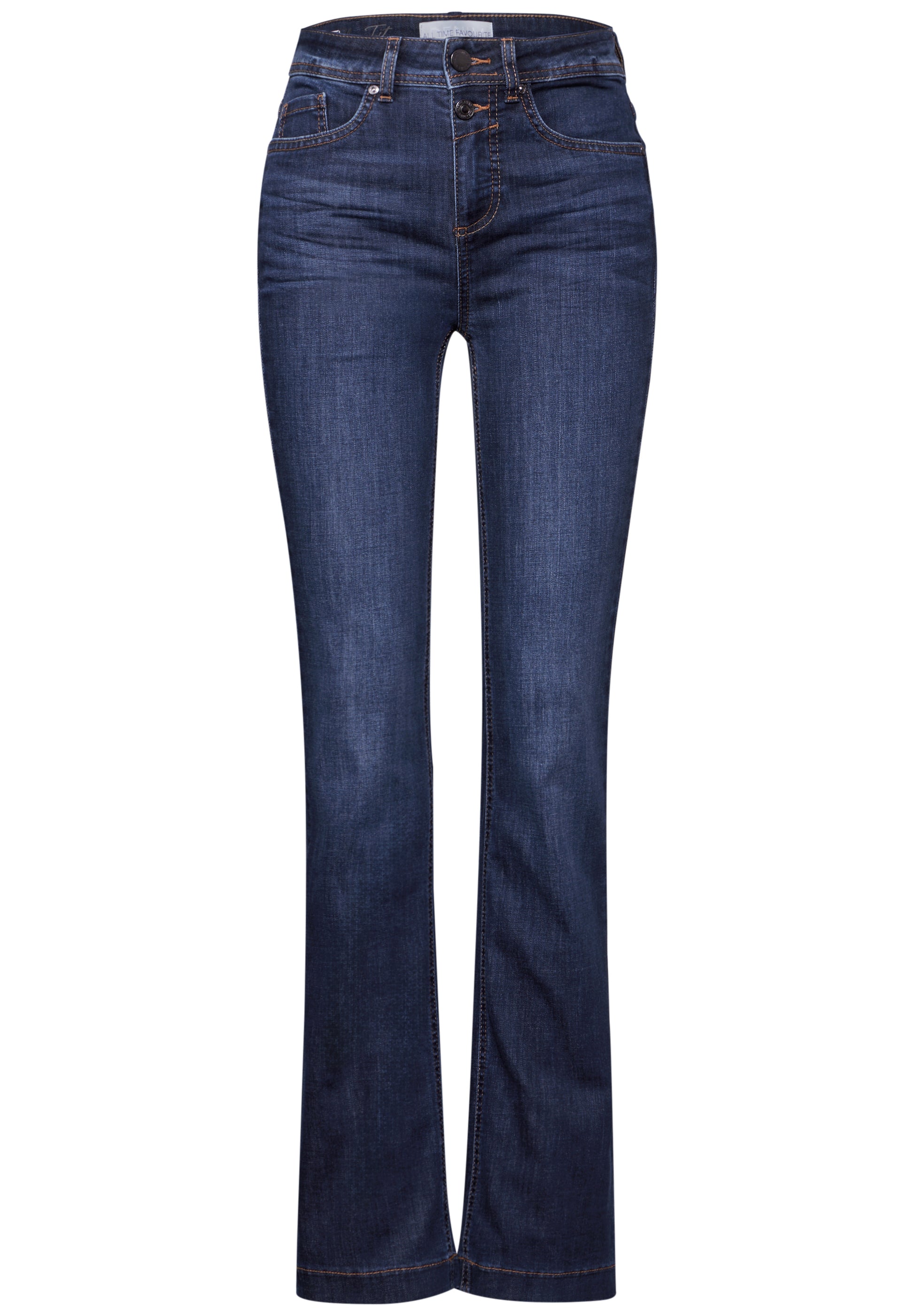 „Street One Damen Bootcut Jeans in dark indigo slightly washed (Art. Nr.: A37777915981) – modische High Waist Jeanshose mit Bootcut Legs und 5-Pocket-Design.“

