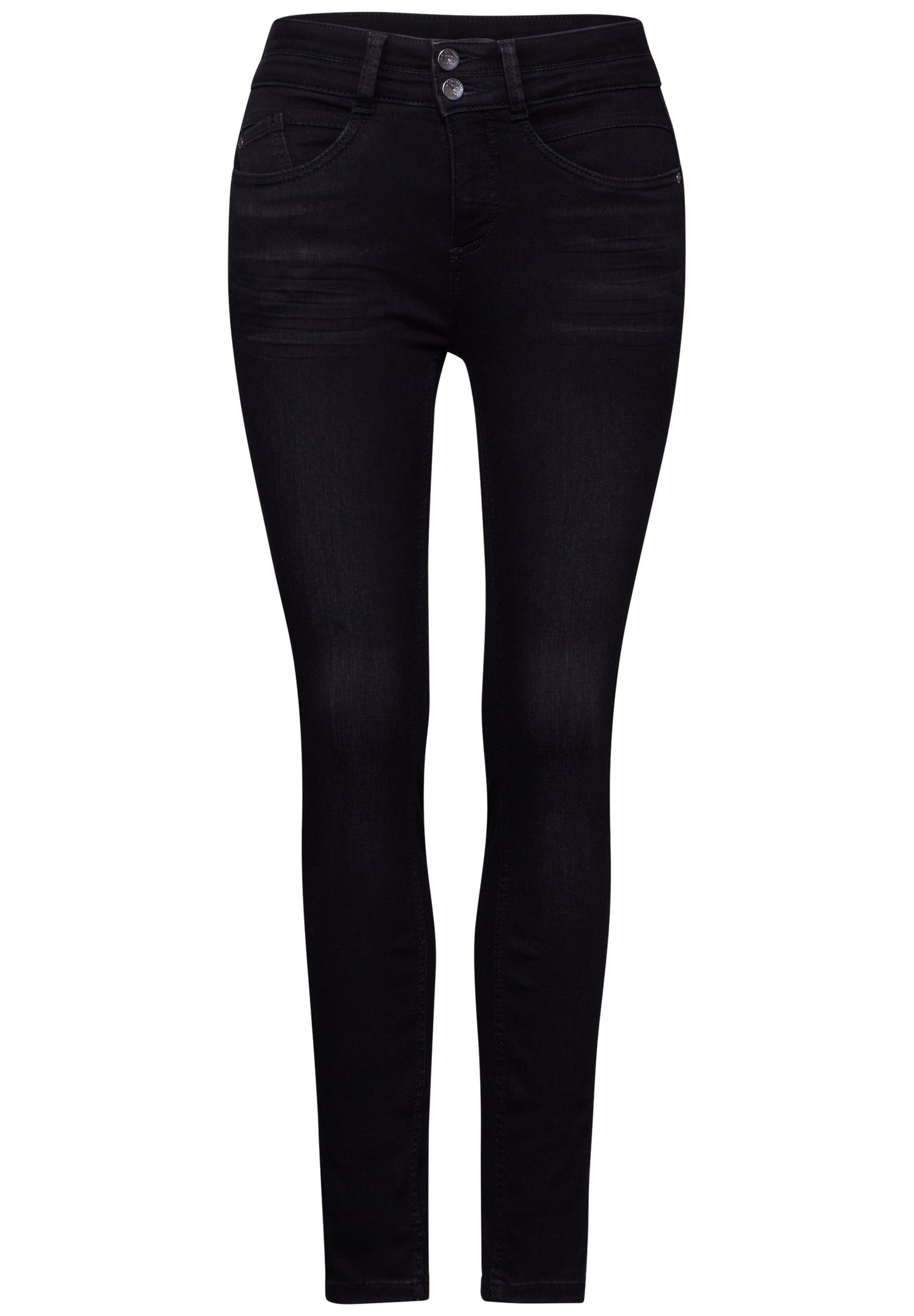 „Street One Damen Jeans im Slim Fit in black slightly washed (Art. Nr.: A37775715984, Style: York) – modische High Waist Jeanshose mit Slim Legs und 5-Pocket-Design.“

