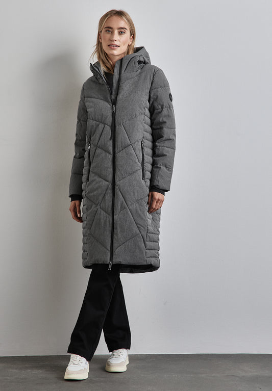 Street One Lange Teflon-Jacke in frost grey melange (Art. Nr.: A20197011119) – Damenjacke mit Steppmuster, Kapuze und wasserabweisendem Material.

