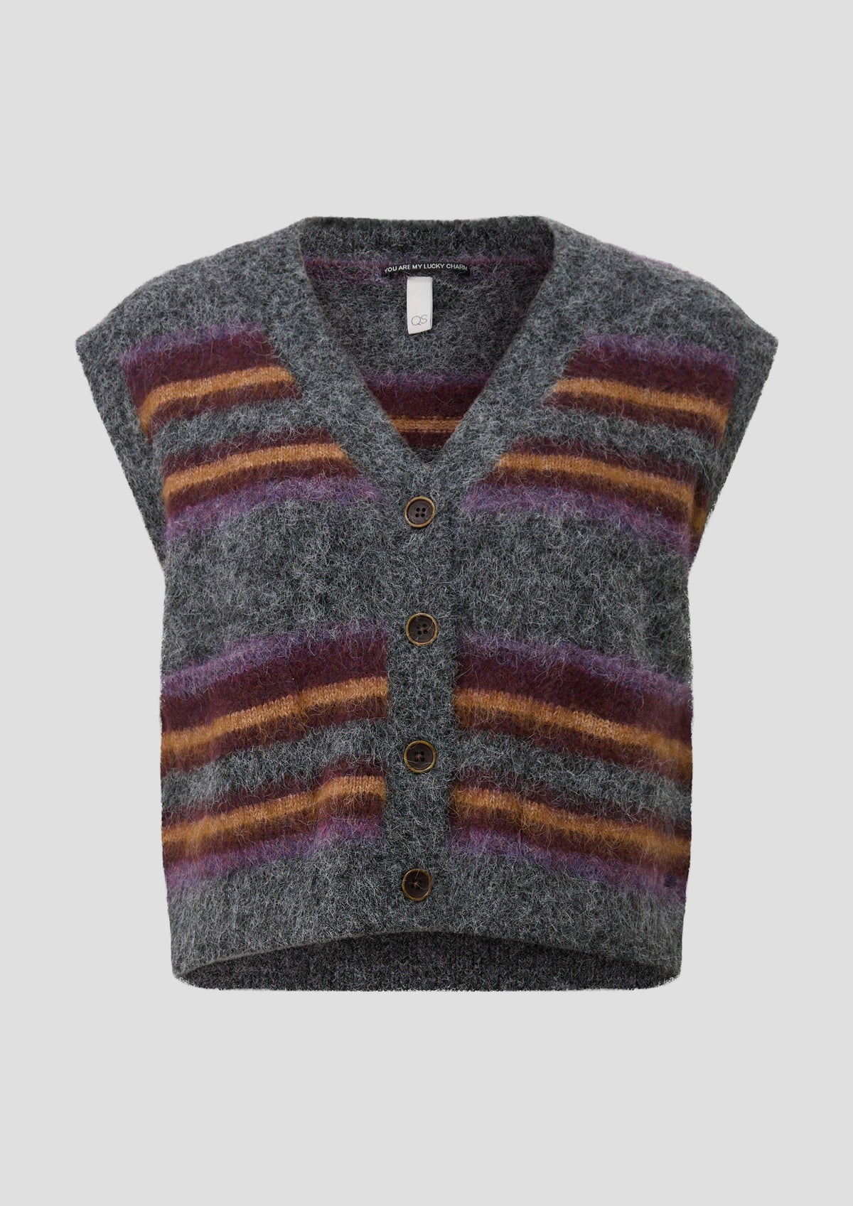 QS - Strickweste mit Streifen - Farbe: Grau, mehrfarbig grau, mehrfarbig