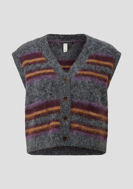 QS - Strickweste mit Streifen - Farbe: Grau, mehrfarbig grau, mehrfarbig