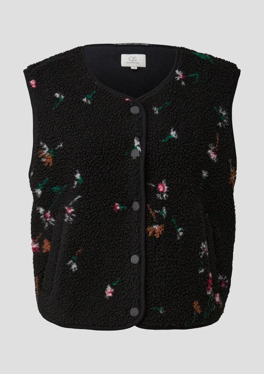 QS - Flauschige Teddyweste mit All-over-Print - Farbe: Schwarz, Mehrfarbig schwarz, mehrfarbig