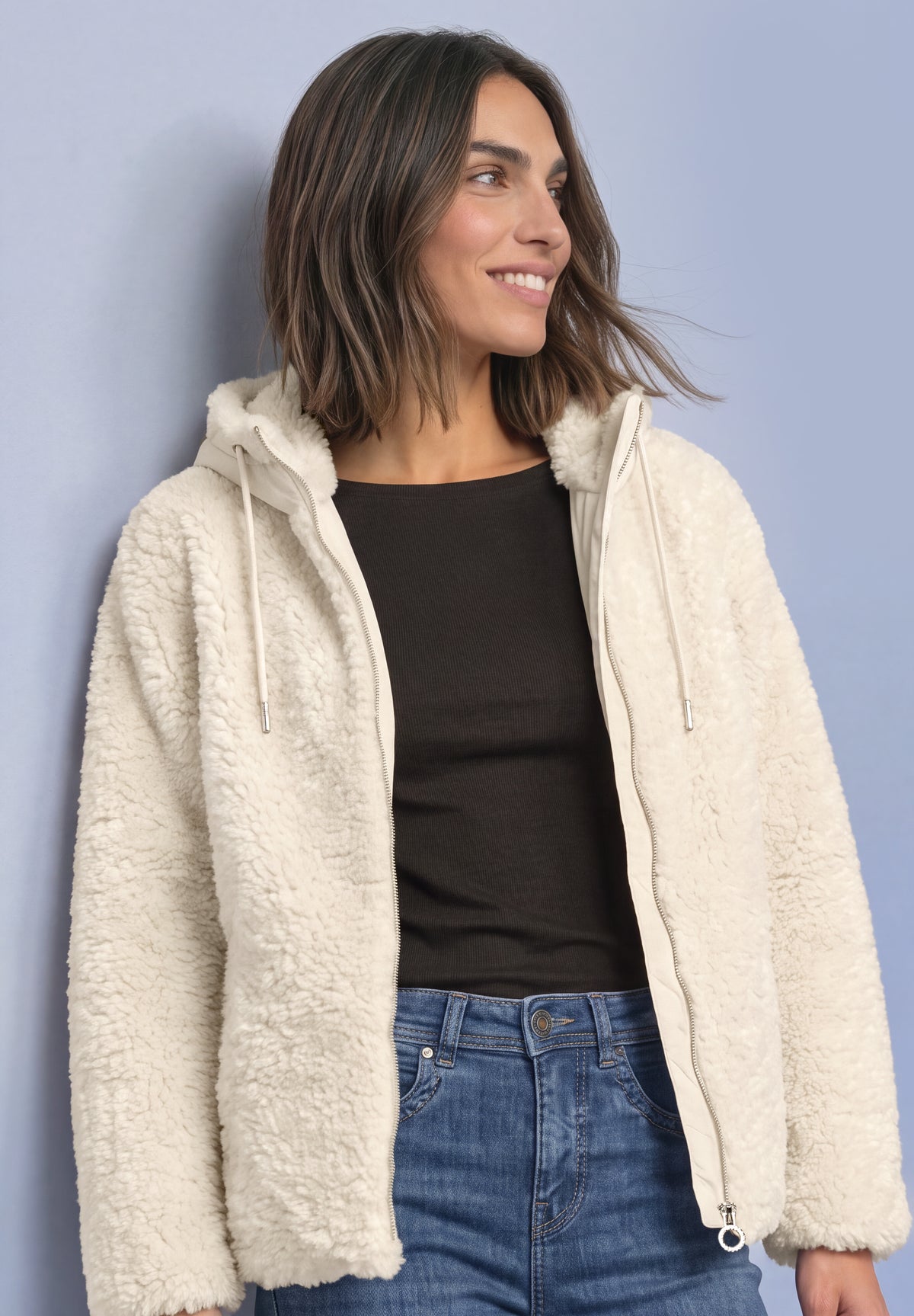Street One Damen Teddy-Jacke mit Softshell-Kapuze - Sand smooth stone sand