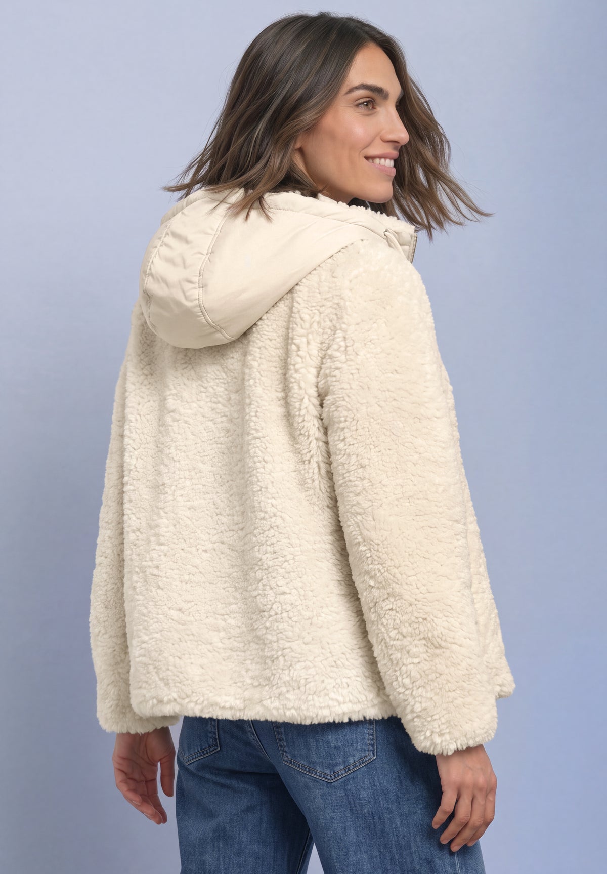 Street One Damen Teddy-Jacke mit Softshell-Kapuze - Sand smooth stone sand