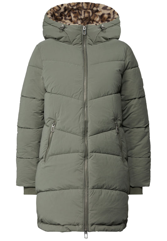 Street One Damen Gefütterter Parka mit Leo-Fake-Fur - Dunkelgrün Somber Green