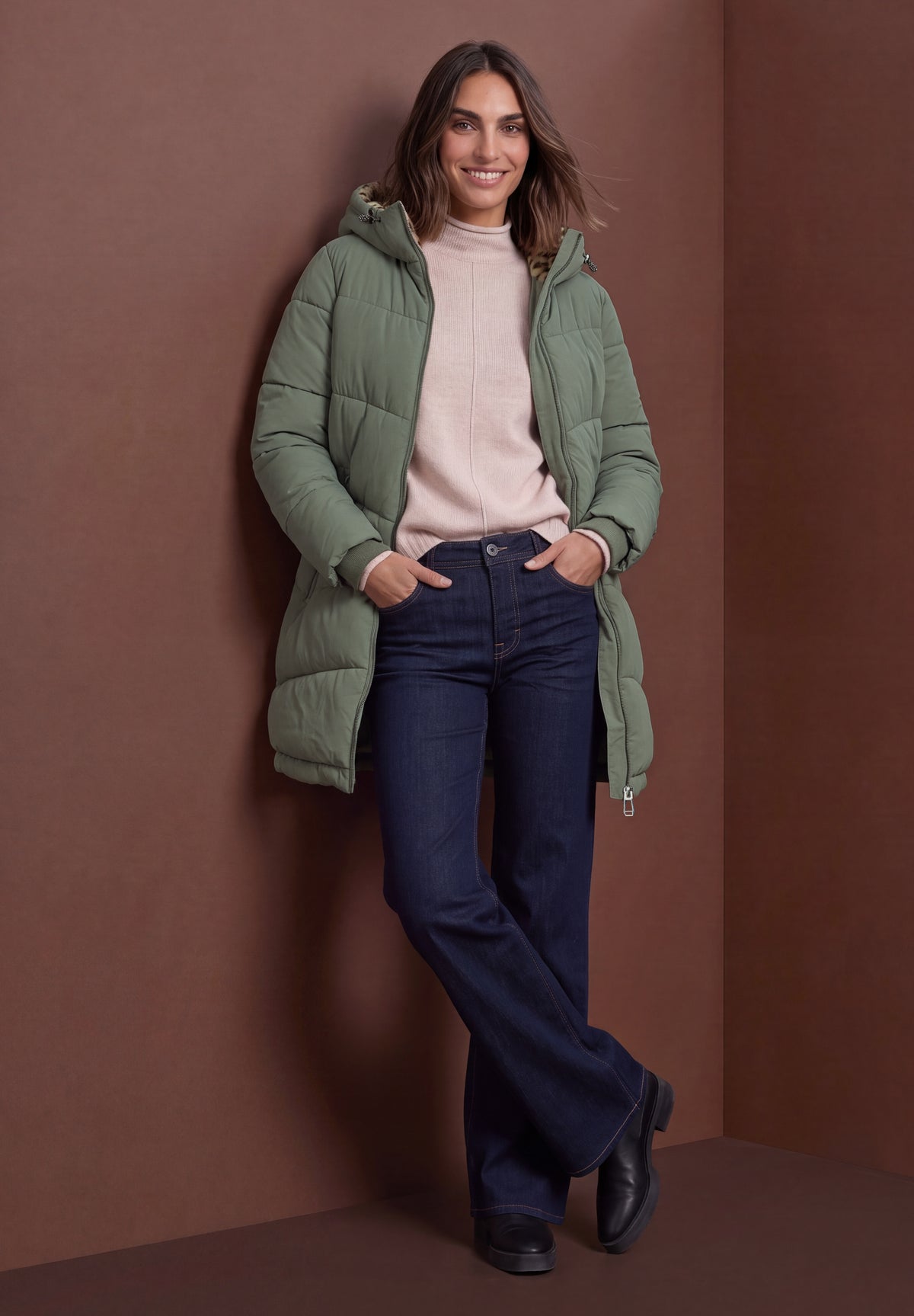 Street One Damen Gefütterter Parka mit Leo-Fake-Fur - Dunkelgrün Somber Green