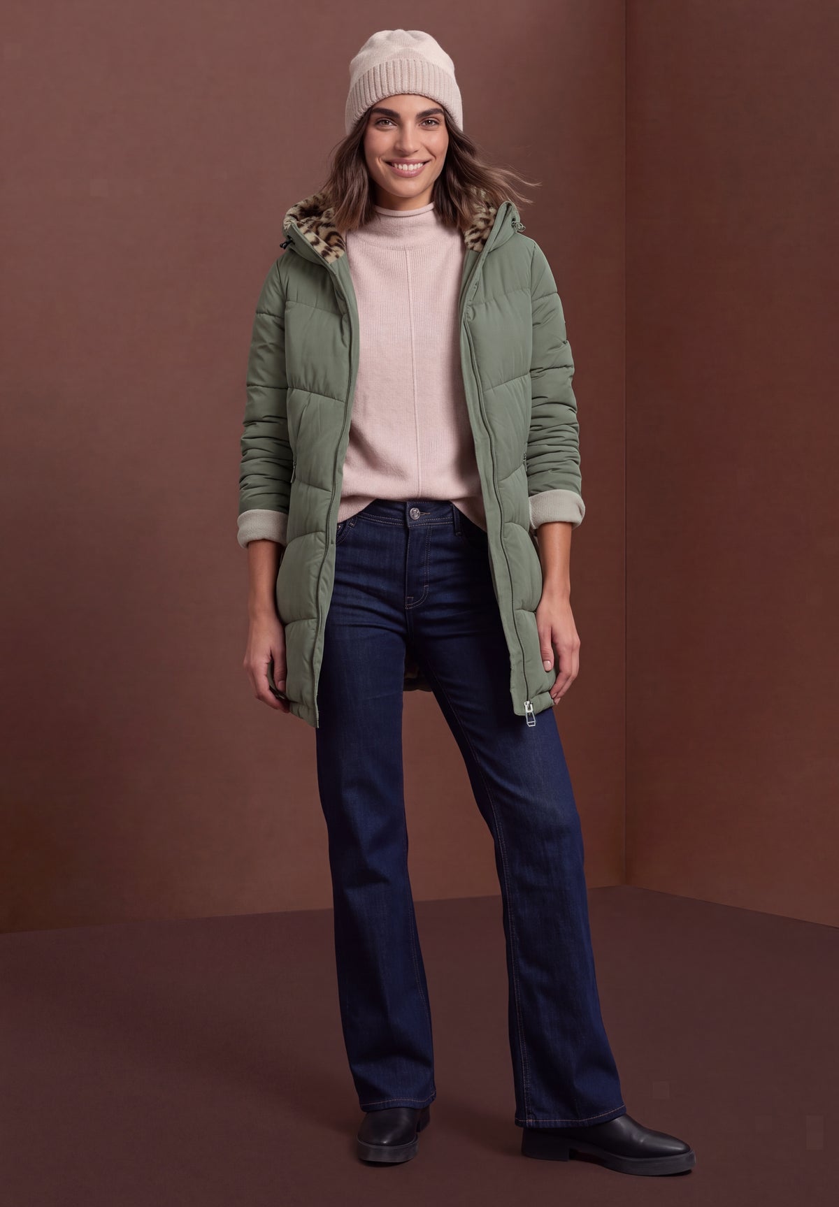 Street One Damen Gefütterter Parka mit Leo-Fake-Fur - Dunkelgrün Somber Green
