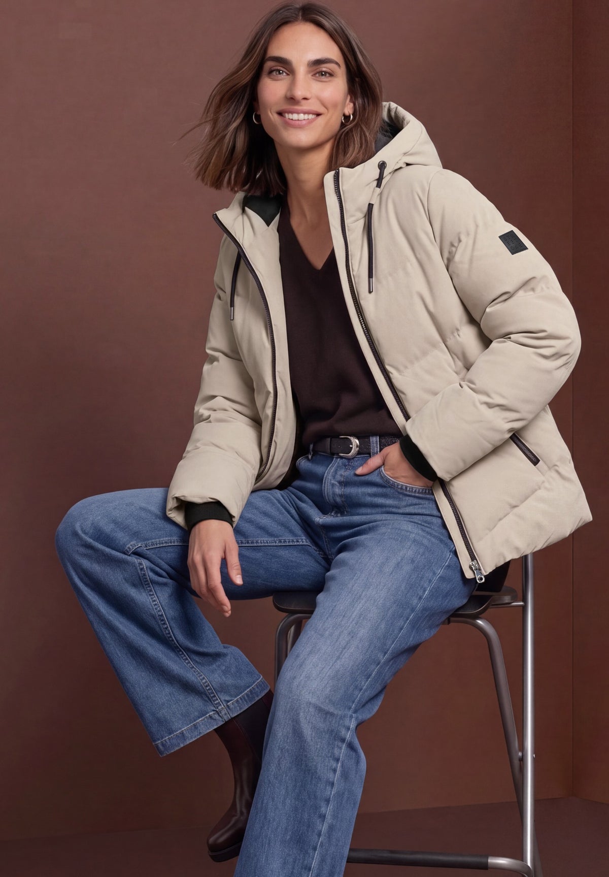 Street One Damen Pufferjacke mit Kapuze - Beige barley beige