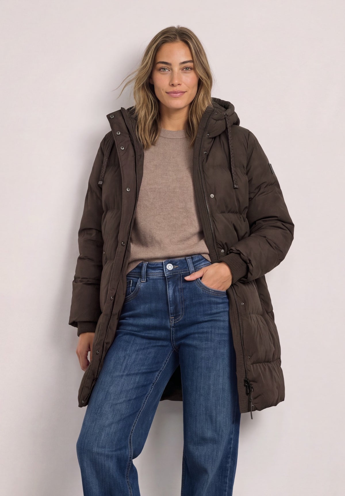 Street One Damen lange Steppjacke mit Kapuze - Rotbraun auburn brown