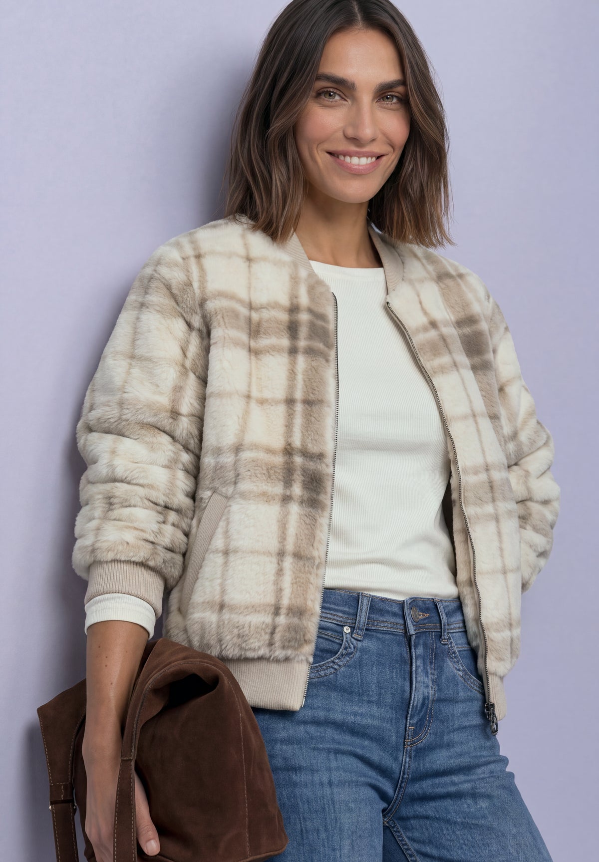 Street One Damen Fake-Fur-Blouson mit Strickdetails und Print - Beige pure beige