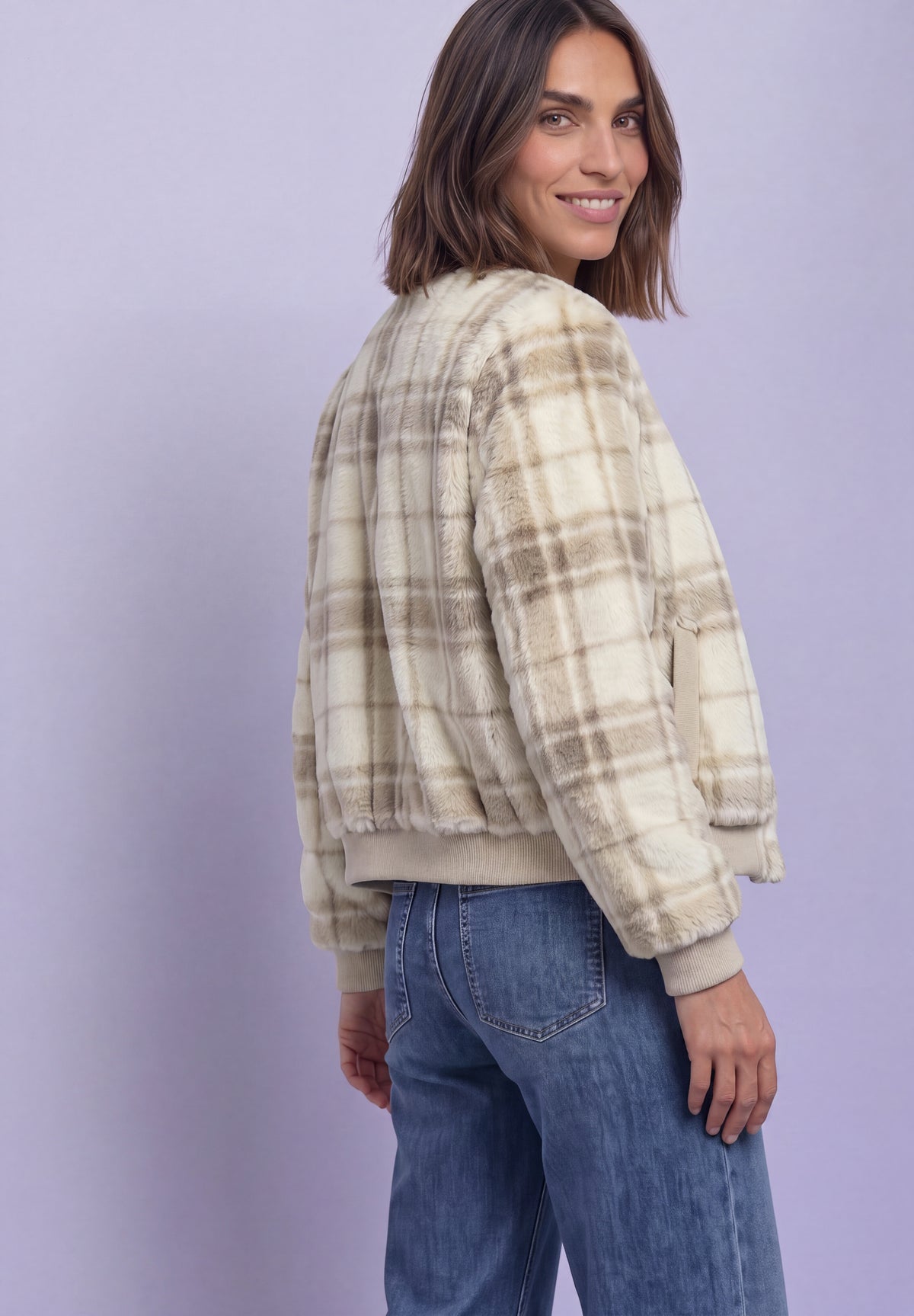 Street One Damen Fake-Fur-Blouson mit Strickdetails und Print - Beige pure beige