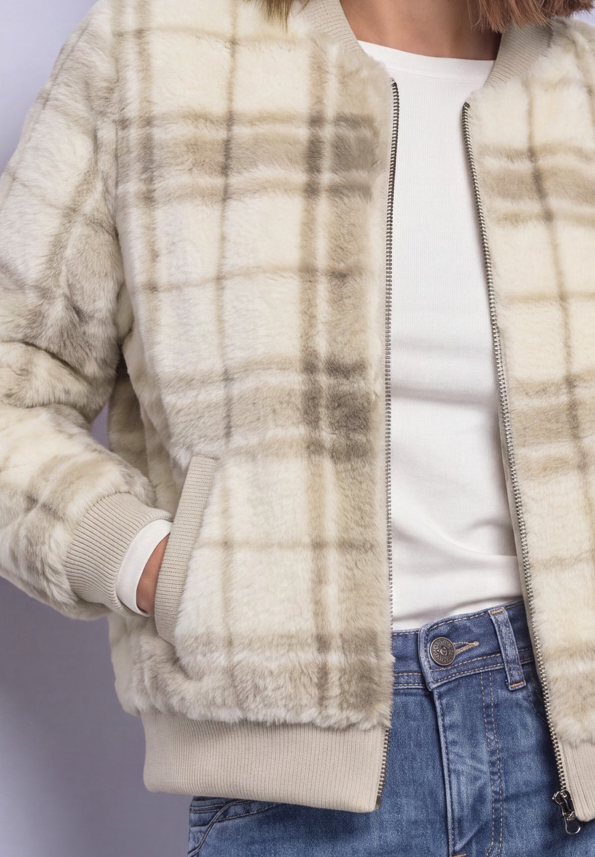 Street One Damen Fake-Fur-Blouson mit Strickdetails und Print - Beige pure beige