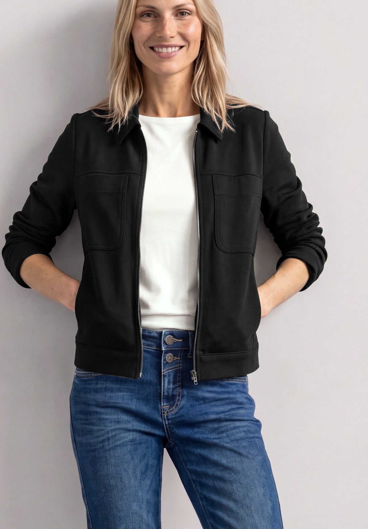 Street One Damen Jacke mit Hemdkragen und Brusttaschen - Schwarz Black