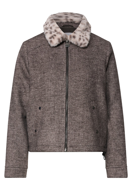Street One Damen Jacke mit Wollanteil und Fake-Fur-Kragen - Dunkelbraun black coffee