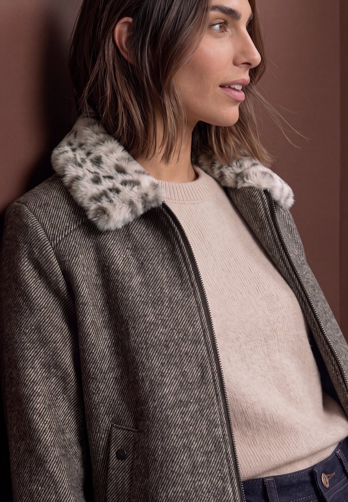 Street One Damen Jacke mit Wollanteil und Fake-Fur-Kragen - Dunkelbraun black coffee