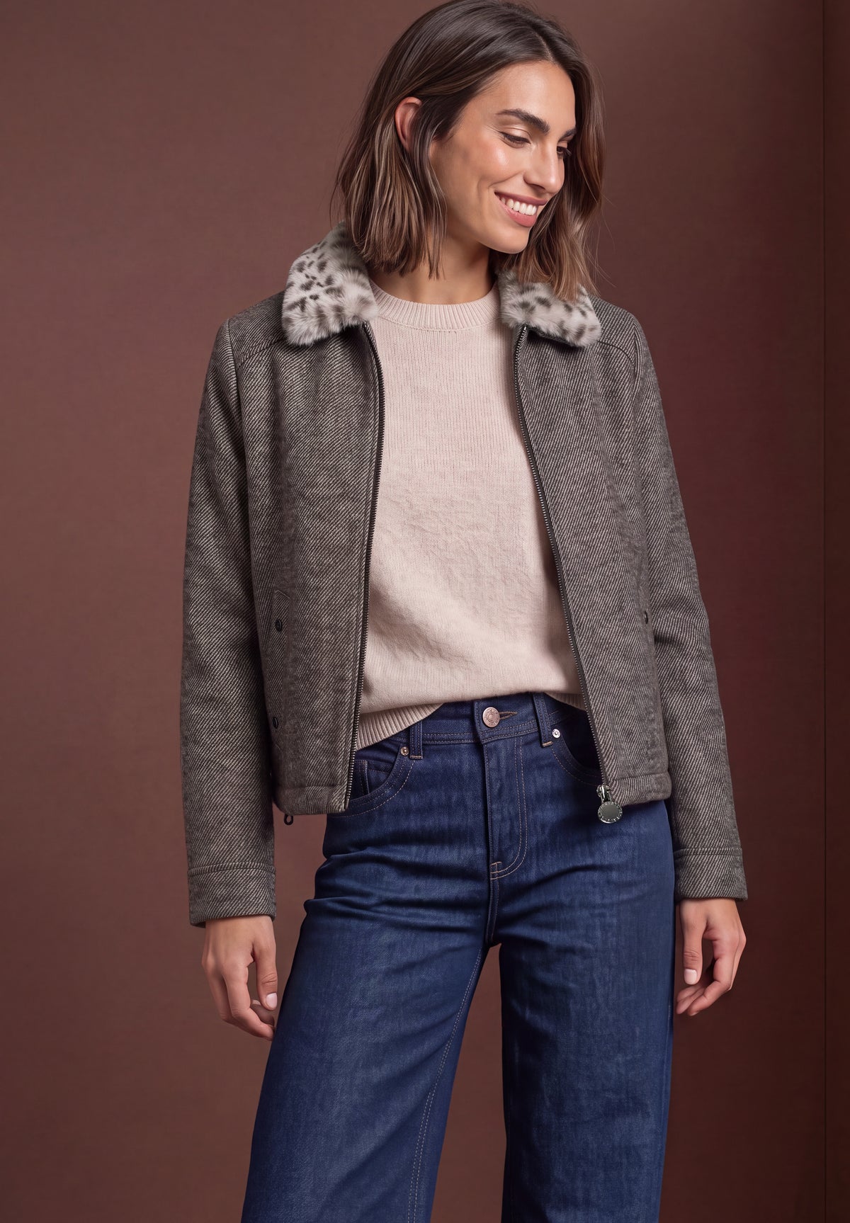 Street One Damen Jacke mit Wollanteil und Fake-Fur-Kragen - Dunkelbraun black coffee