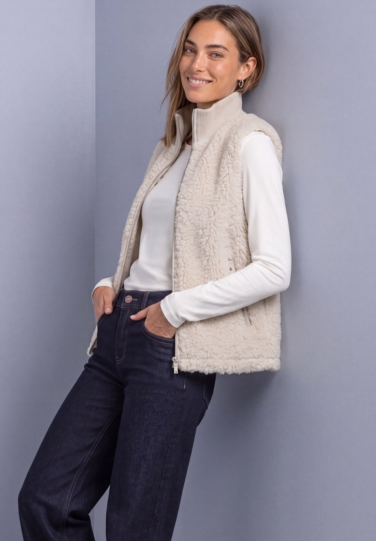 Street One Damen Teddy-Weste mit Strickdetails - Sandbeige smooth stone sand