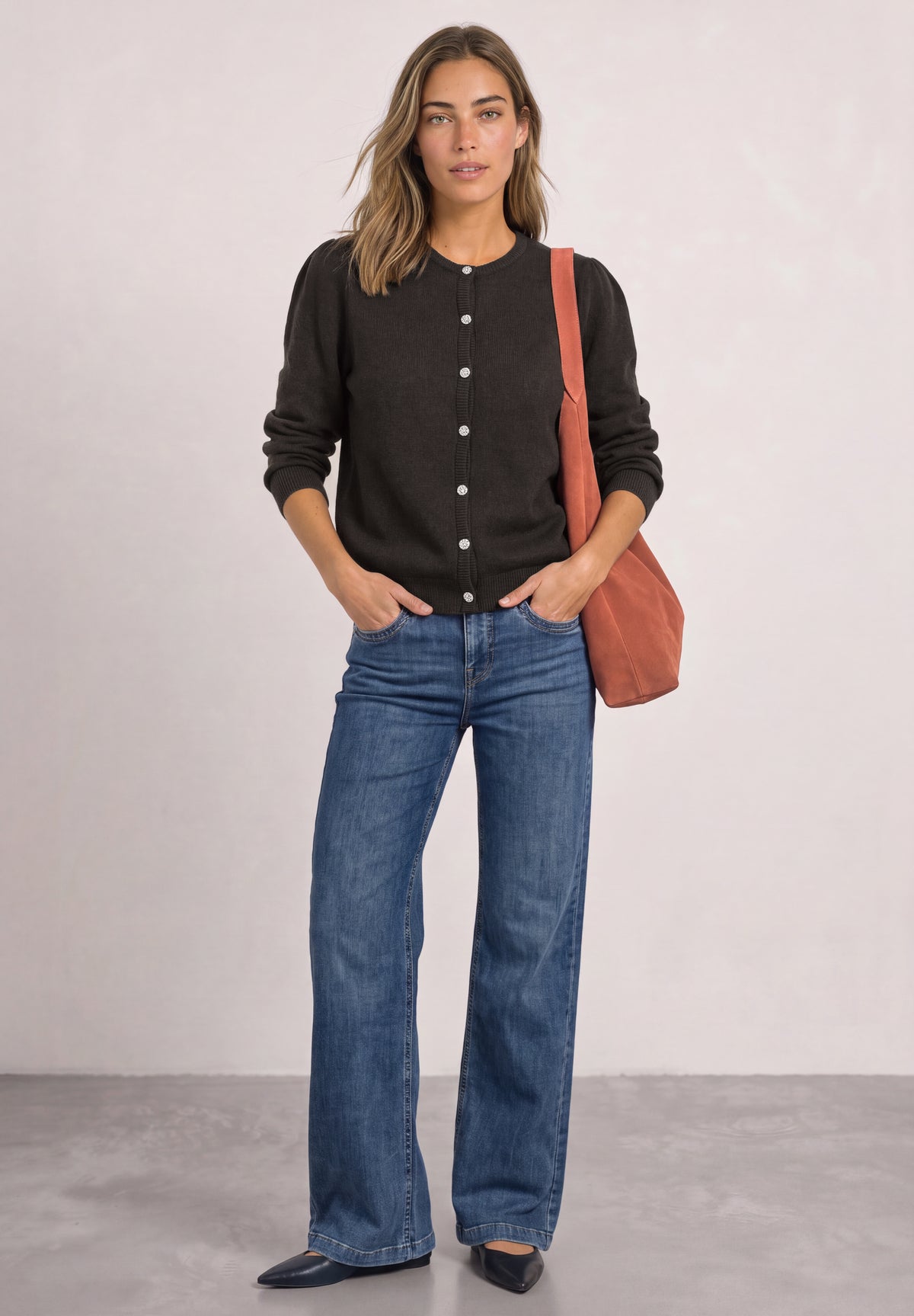 Street One Damen Langarm Cardigan mit Rundhals und Knöpfen - Dunkelbraun meliert black coffee mel.