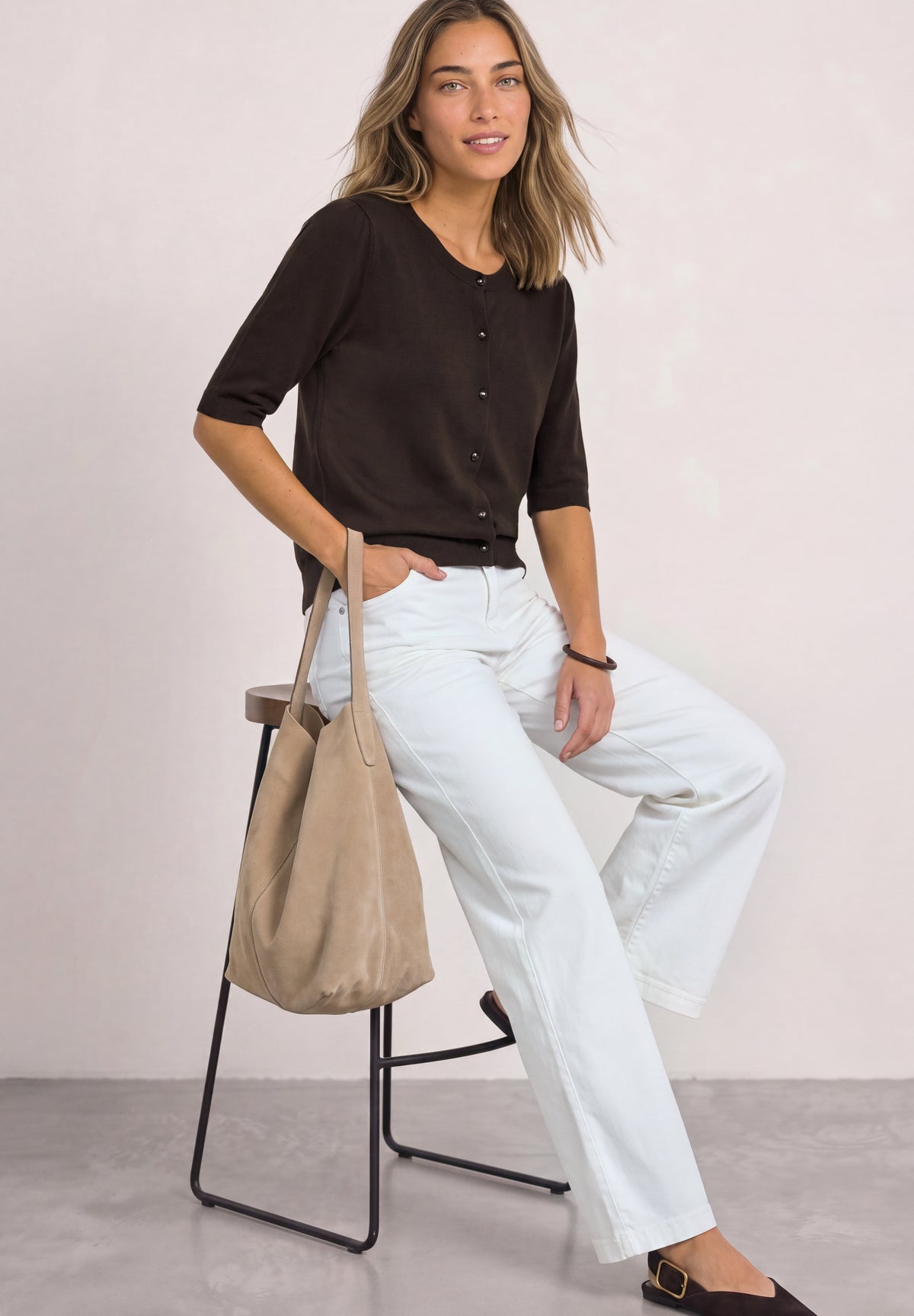 Street One Damen Kurzarm Cardigan mit Rundhals und Knöpfen - Dunkelbraun black coffee